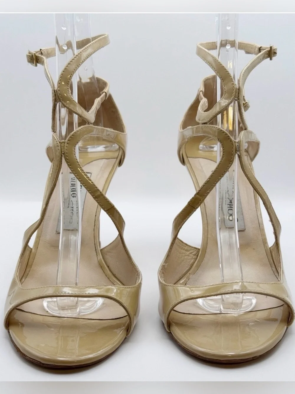 Jimmy Choo Ivette Patent Leather Strappy Sandal Heel Nude Beige Stiletto Shoe 40